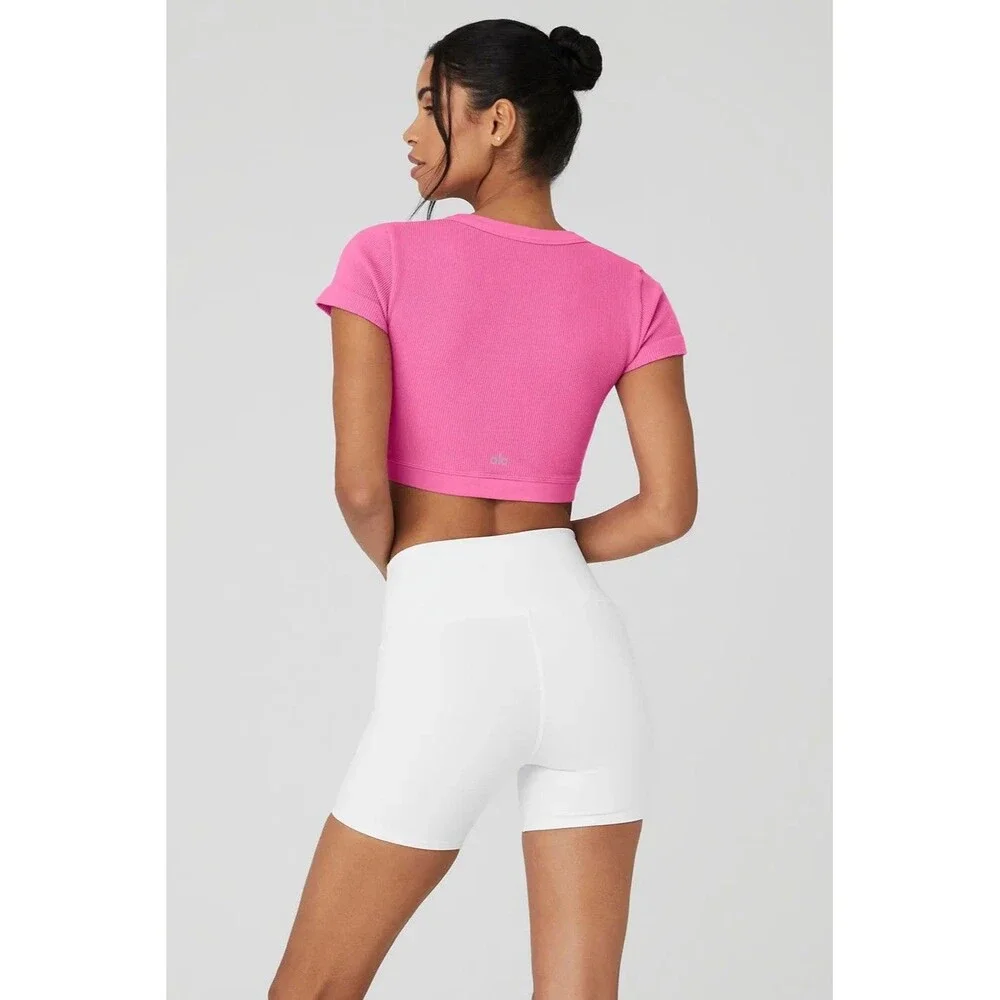 Alo Yoga Seamless Ribbed Serene Short Sleeve Top Size L Pink Cropped Active